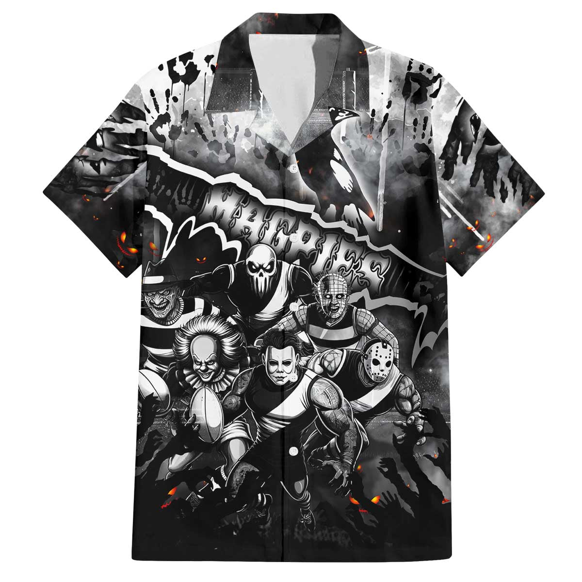 Step Into Horror Domain Magpies Football Family Matching Off The Shoulder Long Sleeve Dress and Hawaiian Shirt Halloween Horror Movie Characters - Aussie Hoodie