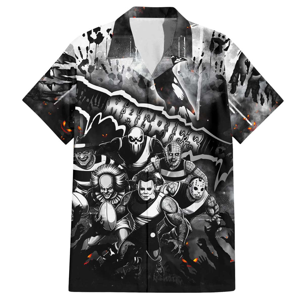 Step Into Horror Domain Magpies Football Family Matching Off The Shoulder Long Sleeve Dress and Hawaiian Shirt Halloween Horror Movie Characters - Aussie Hoodie