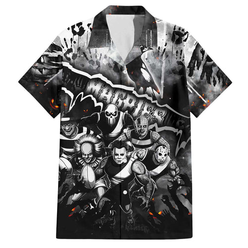 Step Into Horror Domain Magpies Football Family Matching Off The Shoulder Long Sleeve Dress and Hawaiian Shirt Halloween Horror Movie Characters - Aussie Hoodie