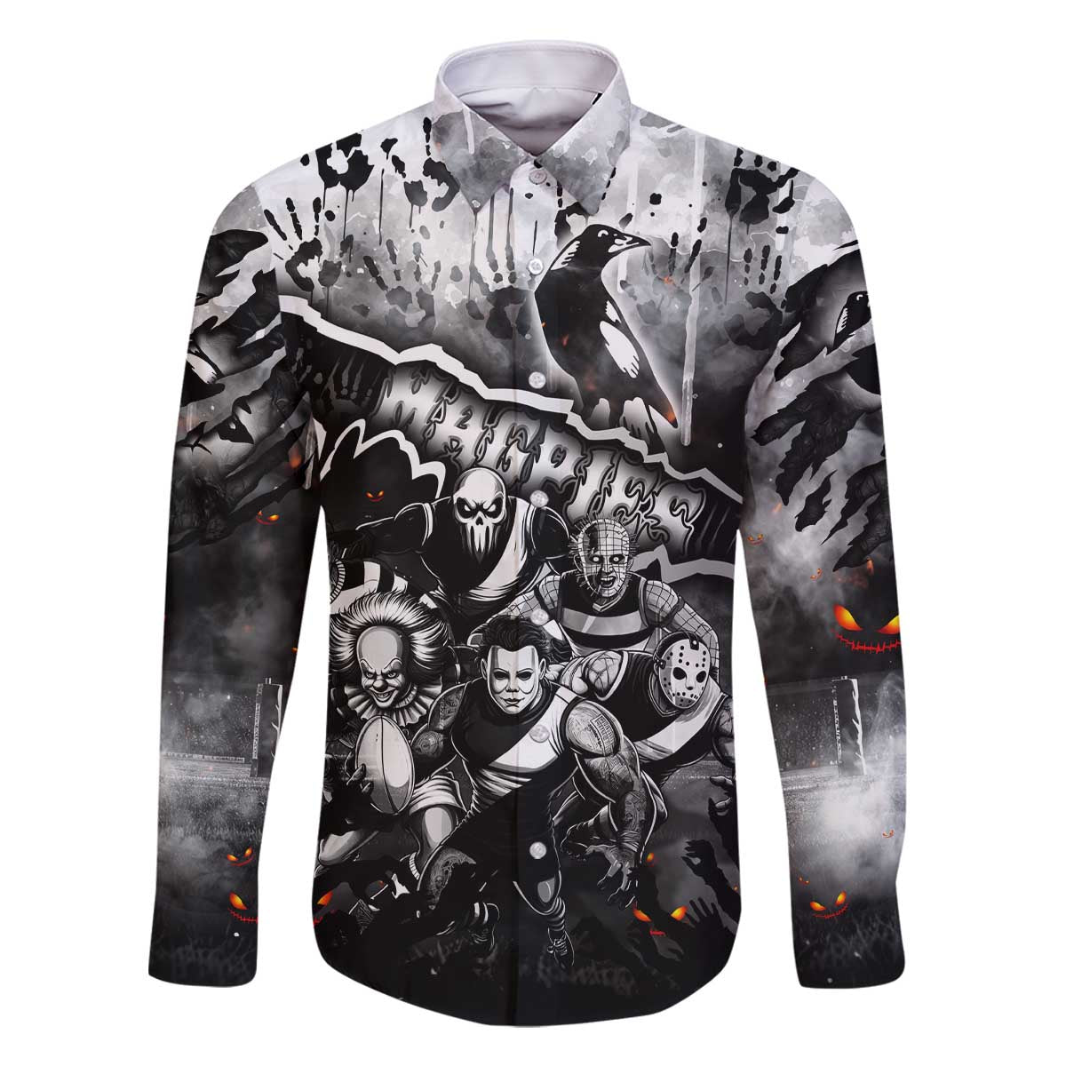 Step Into Horror Domain Magpies Football Family Matching Off The Shoulder Long Sleeve Dress and Hawaiian Shirt Halloween Horror Movie Characters - Aussie Hoodie