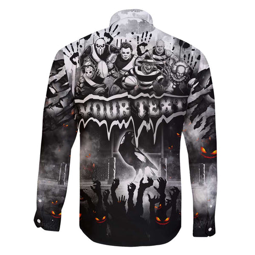 Step Into Horror Domain Magpies Football Family Matching Off The Shoulder Long Sleeve Dress and Hawaiian Shirt Halloween Horror Movie Characters - Aussie Hoodie
