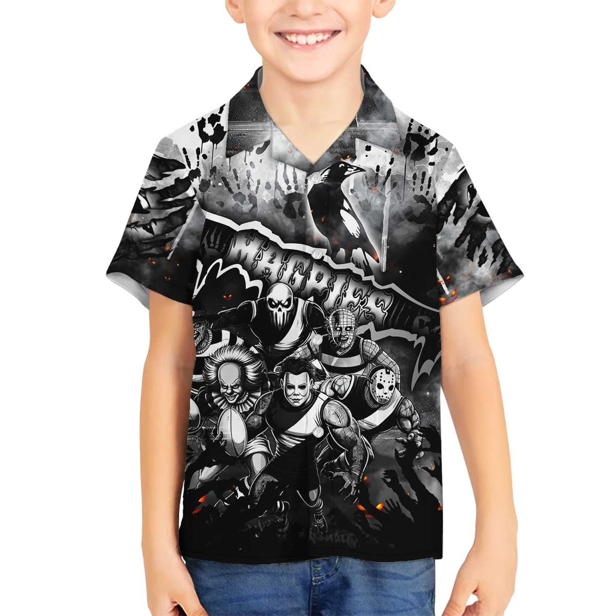 Step Into Horror Domain Magpies Football Family Matching Off The Shoulder Long Sleeve Dress and Hawaiian Shirt Halloween Horror Movie Characters - Aussie Hoodie