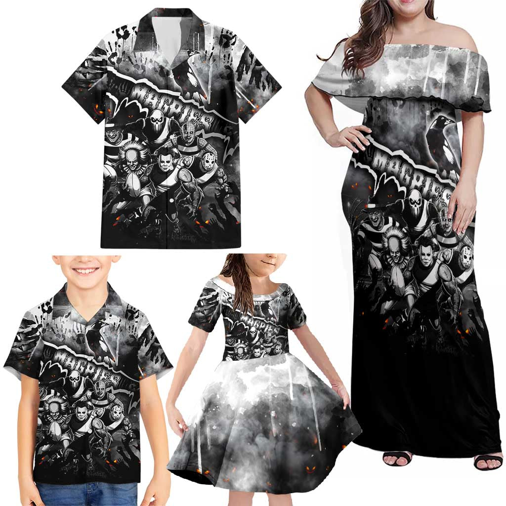Step Into Horror Domain Magpies Football Family Matching Off Shoulder Maxi Dress and Hawaiian Shirt Halloween Horror Movie Characters - Aussie Hoodie