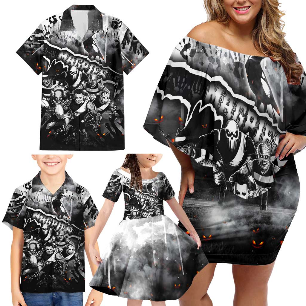 Step Into Horror Domain Magpies Football Family Matching Off Shoulder Short Dress and Hawaiian Shirt Halloween Horror Movie Characters - Aussie Hoodie