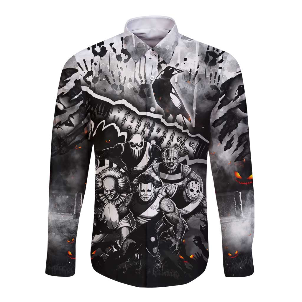 Step Into Horror Domain Magpies Football Long Sleeve Button Shirt Halloween Horror Movie Characters - Aussie Hoodie