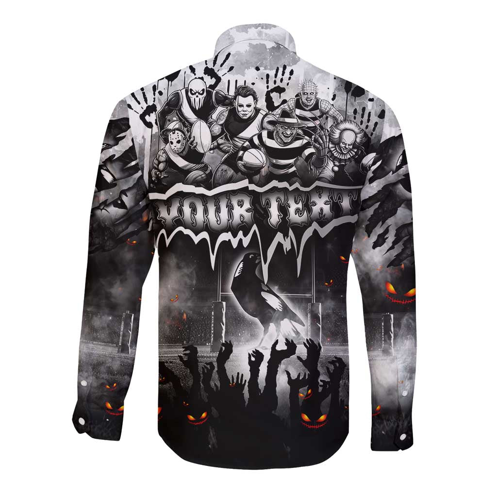 Step Into Horror Domain Magpies Football Long Sleeve Button Shirt Halloween Horror Movie Characters - Aussie Hoodie