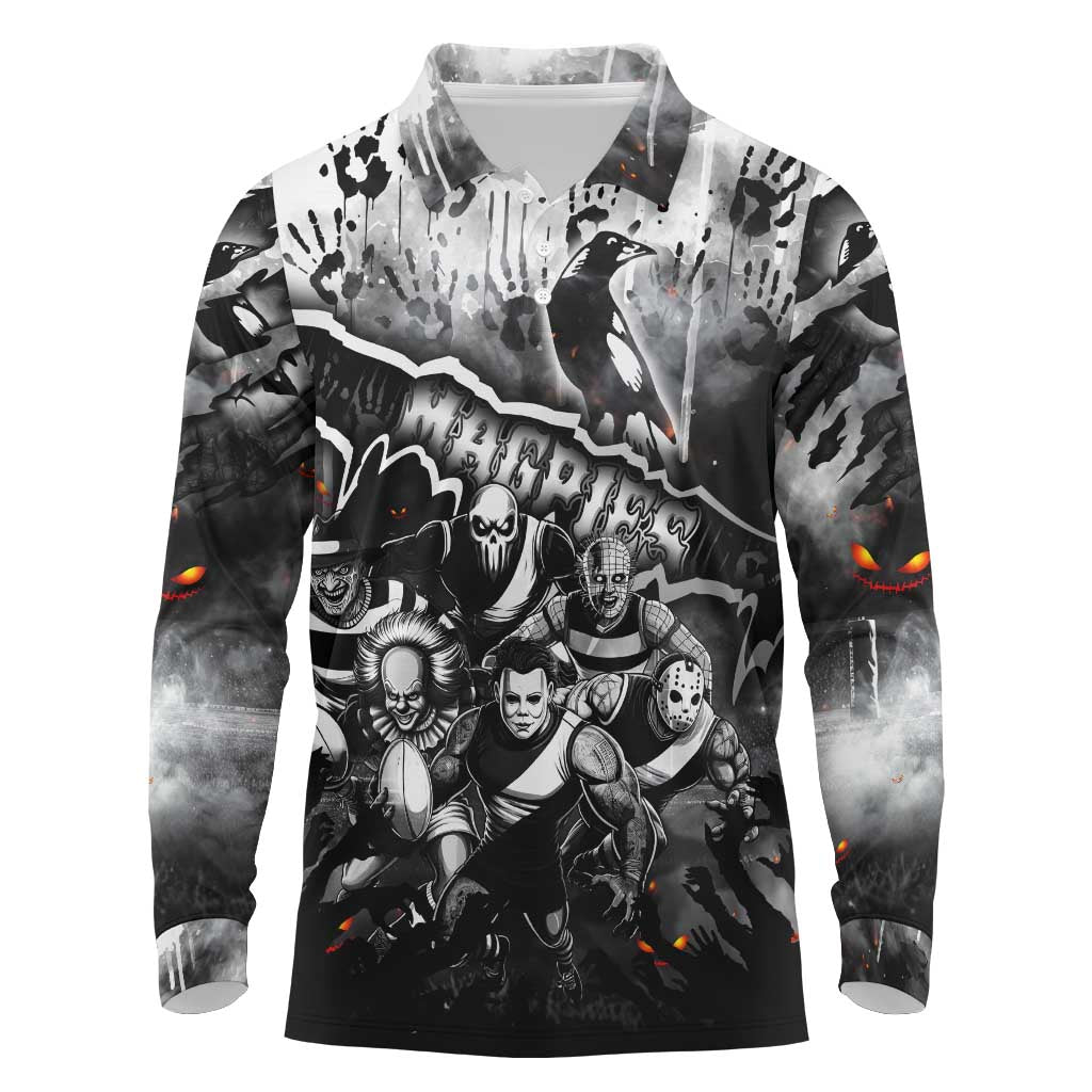 Step Into Horror Domain Magpies Football Long Sleeve Polo Shirt Halloween Horror Movie Characters - Aussie Hoodie