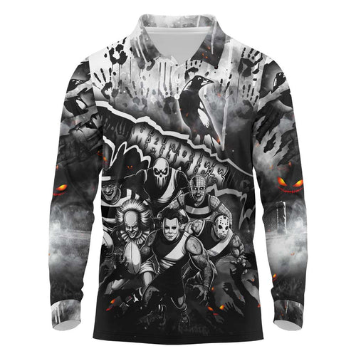 Step Into Horror Domain Magpies Football Long Sleeve Polo Shirt Halloween Horror Movie Characters - Aussie Hoodie