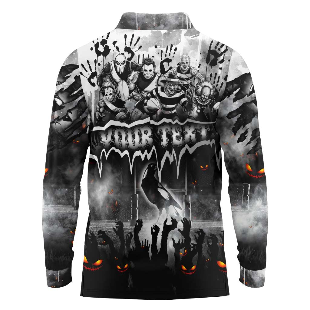 Step Into Horror Domain Magpies Football Long Sleeve Polo Shirt Halloween Horror Movie Characters - Aussie Hoodie