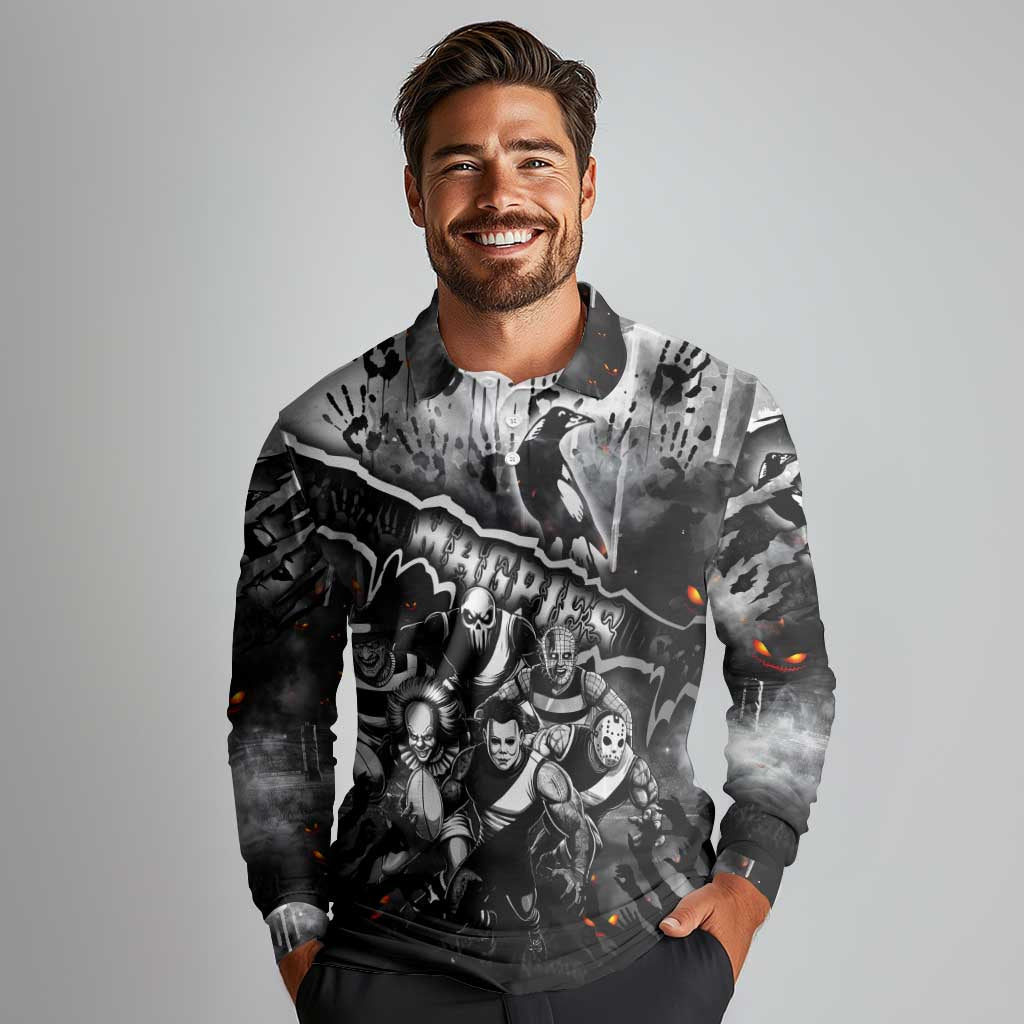 Step Into Horror Domain Magpies Football Long Sleeve Polo Shirt Halloween Horror Movie Characters - Aussie Hoodie