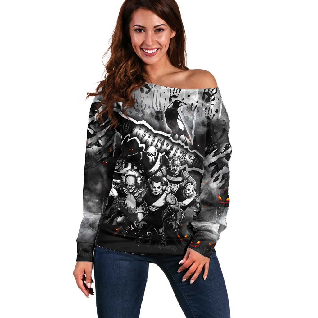 Step Into Horror Domain Magpies Football Off Shoulder Sweater Halloween Horror Movie Characters - Aussie Hoodie