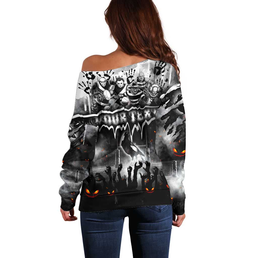 Step Into Horror Domain Magpies Football Off Shoulder Sweater Halloween Horror Movie Characters - Aussie Hoodie