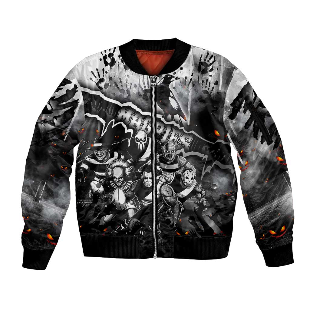 Step Into Horror Domain Magpies Football Sleeve Zip Bomber Jacket Halloween Horror Movie Characters - Aussie Hoodie