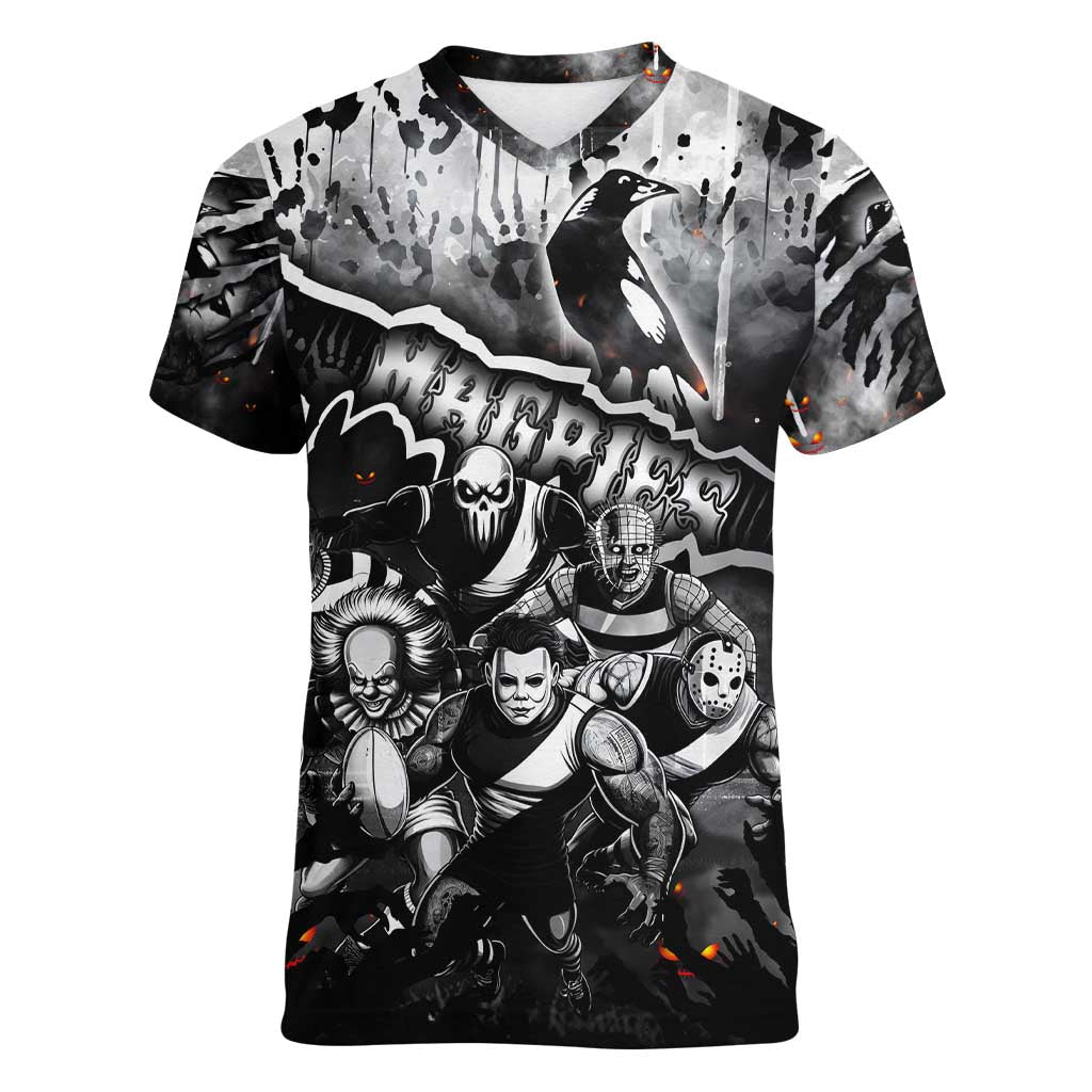 Step Into Horror Domain Magpies Football Women V-Neck T-Shirt Halloween Horror Movie Characters - Aussie Hoodie