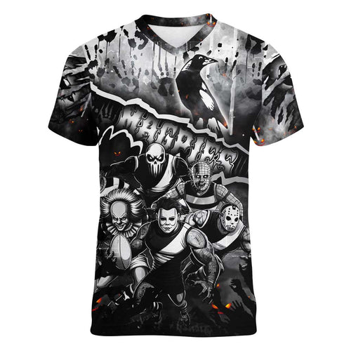 Step Into Horror Domain Magpies Football Women V-Neck T-Shirt Halloween Horror Movie Characters - Aussie Hoodie