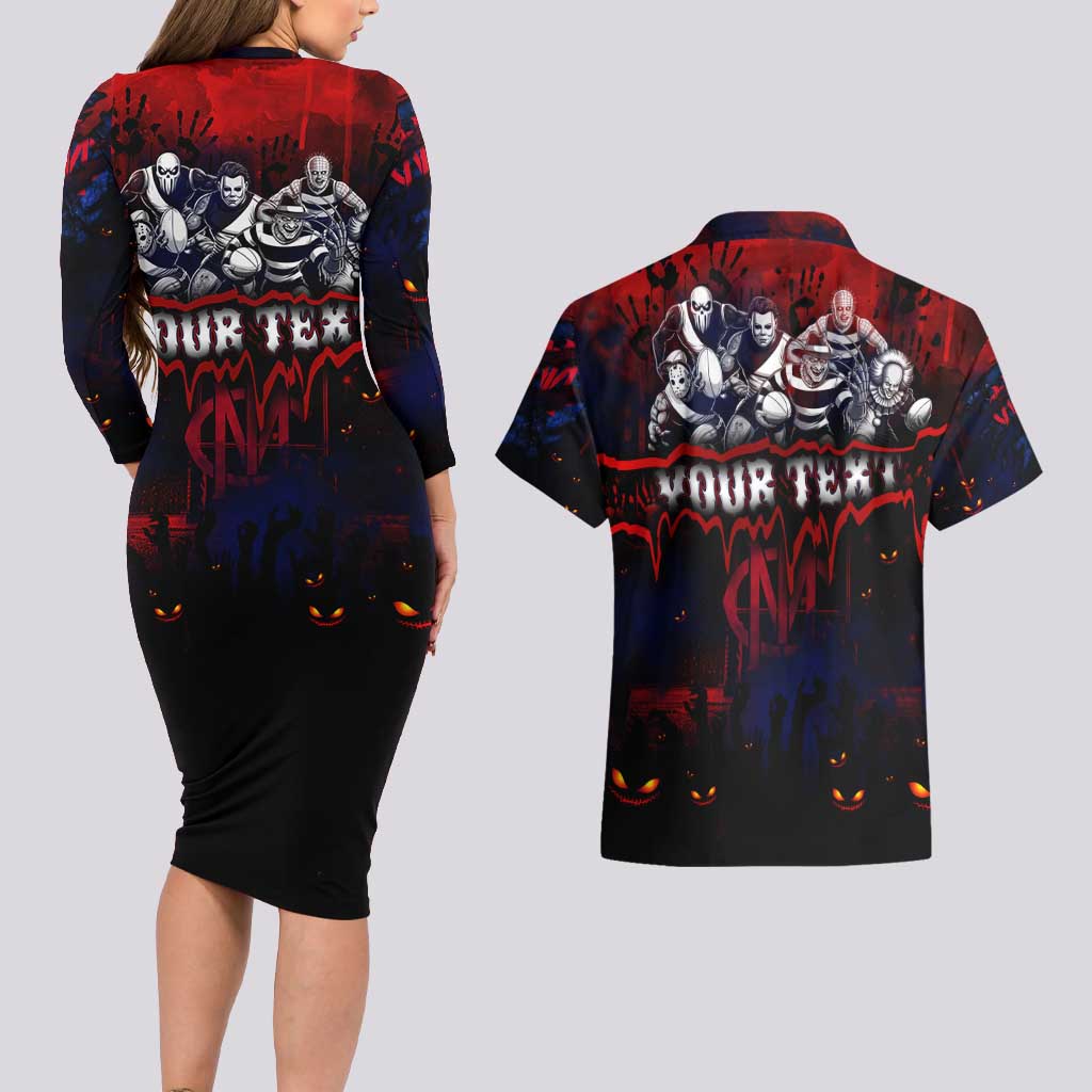 Step Into Horror Domain Demons Football Couples Matching Long Sleeve Bodycon Dress and Hawaiian Shirt Halloween Horror Movie Characters - Aussie Hoodie