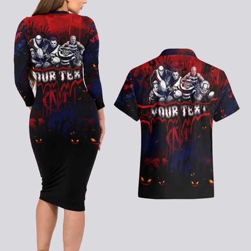 Step Into Horror Domain Demons Football Couples Matching Long Sleeve Bodycon Dress and Hawaiian Shirt Halloween Horror Movie Characters - Aussie Hoodie