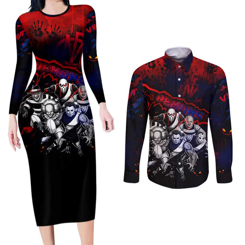Step Into Horror Domain Demons Football Couples Matching Long Sleeve Bodycon Dress and Long Sleeve Button Shirt Halloween Horror Movie Characters - Aussie Hoodie