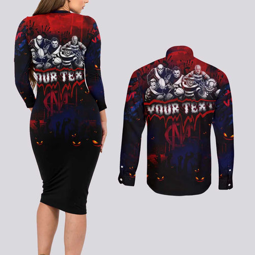 Step Into Horror Domain Demons Football Couples Matching Long Sleeve Bodycon Dress and Long Sleeve Button Shirt Halloween Horror Movie Characters - Aussie Hoodie