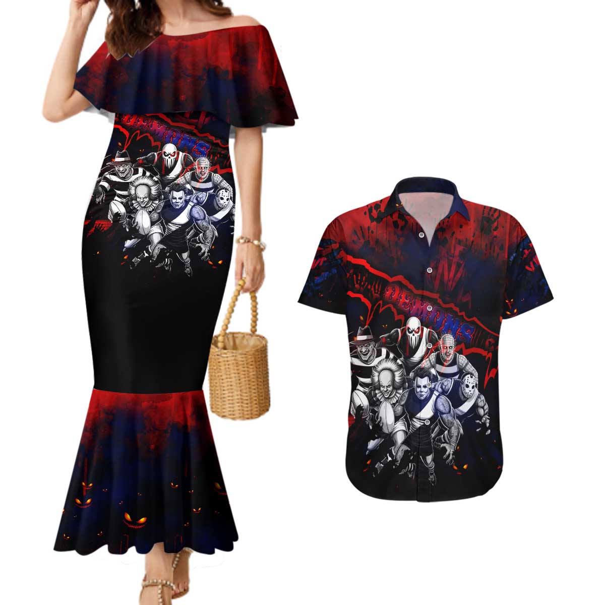 Step Into Horror Domain Demons Football Couples Matching Mermaid Dress and Hawaiian Shirt Halloween Horror Movie Characters - Aussie Hoodie