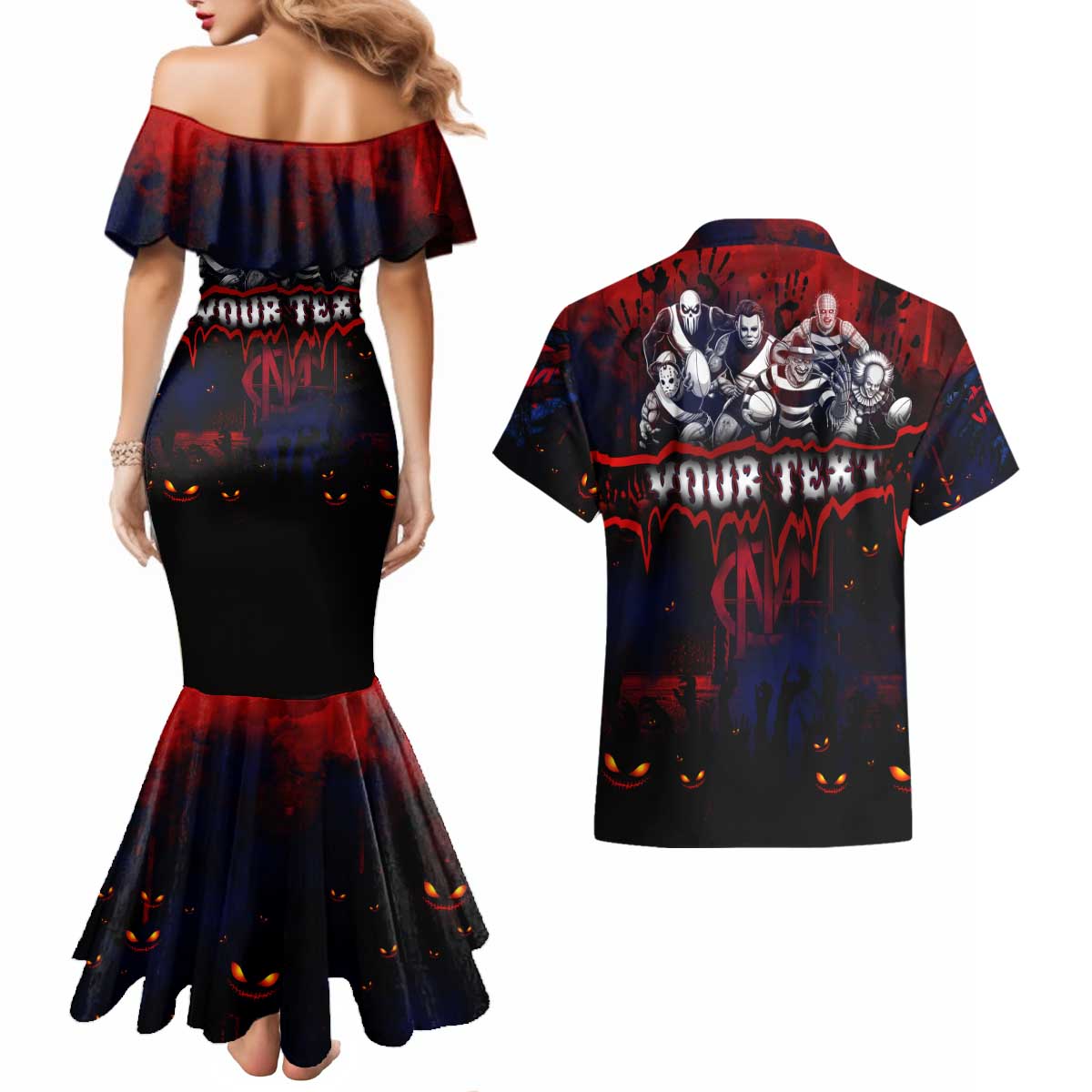 Step Into Horror Domain Demons Football Couples Matching Mermaid Dress and Hawaiian Shirt Halloween Horror Movie Characters - Aussie Hoodie