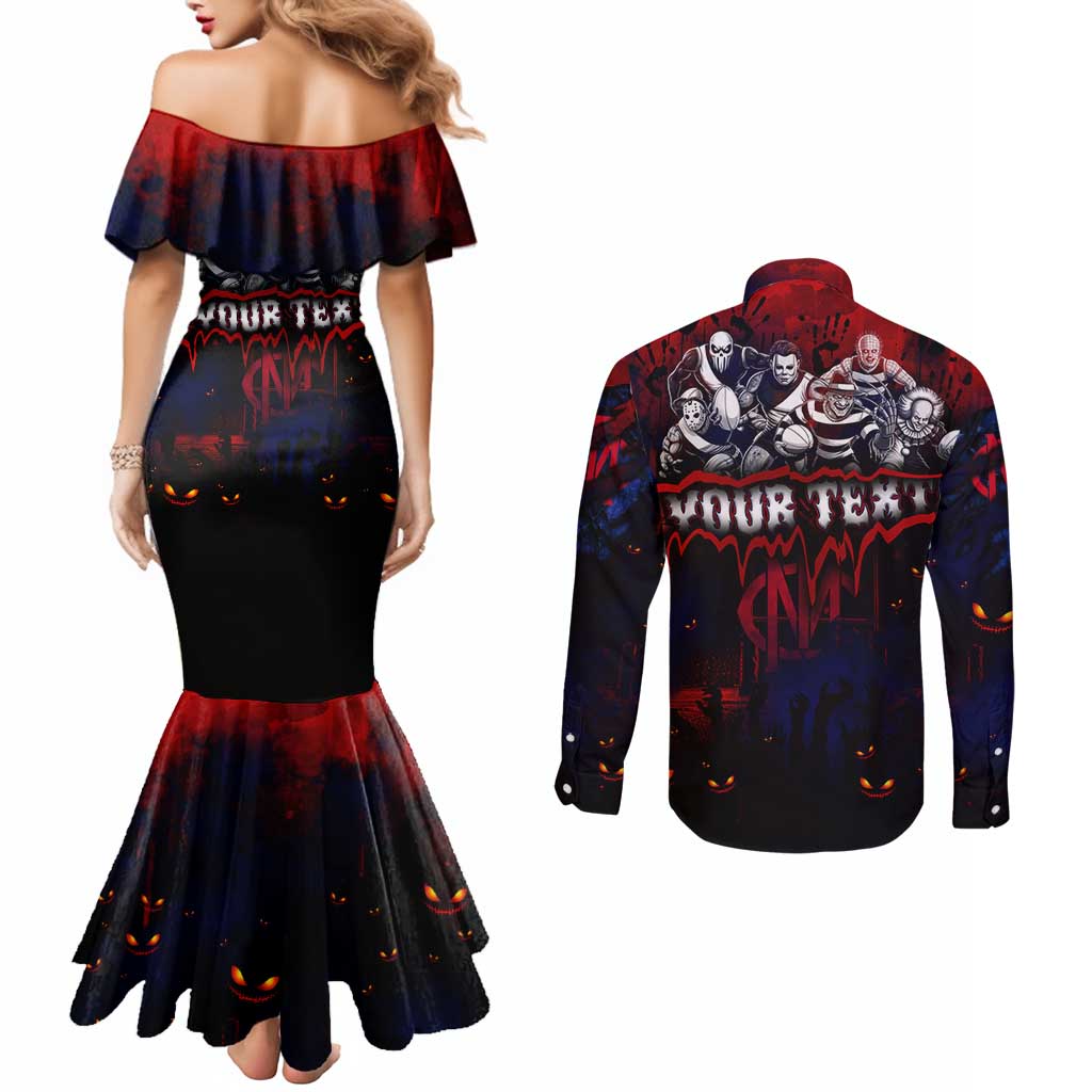 Step Into Horror Domain Demons Football Couples Matching Mermaid Dress and Long Sleeve Button Shirt Halloween Horror Movie Characters - Aussie Hoodie