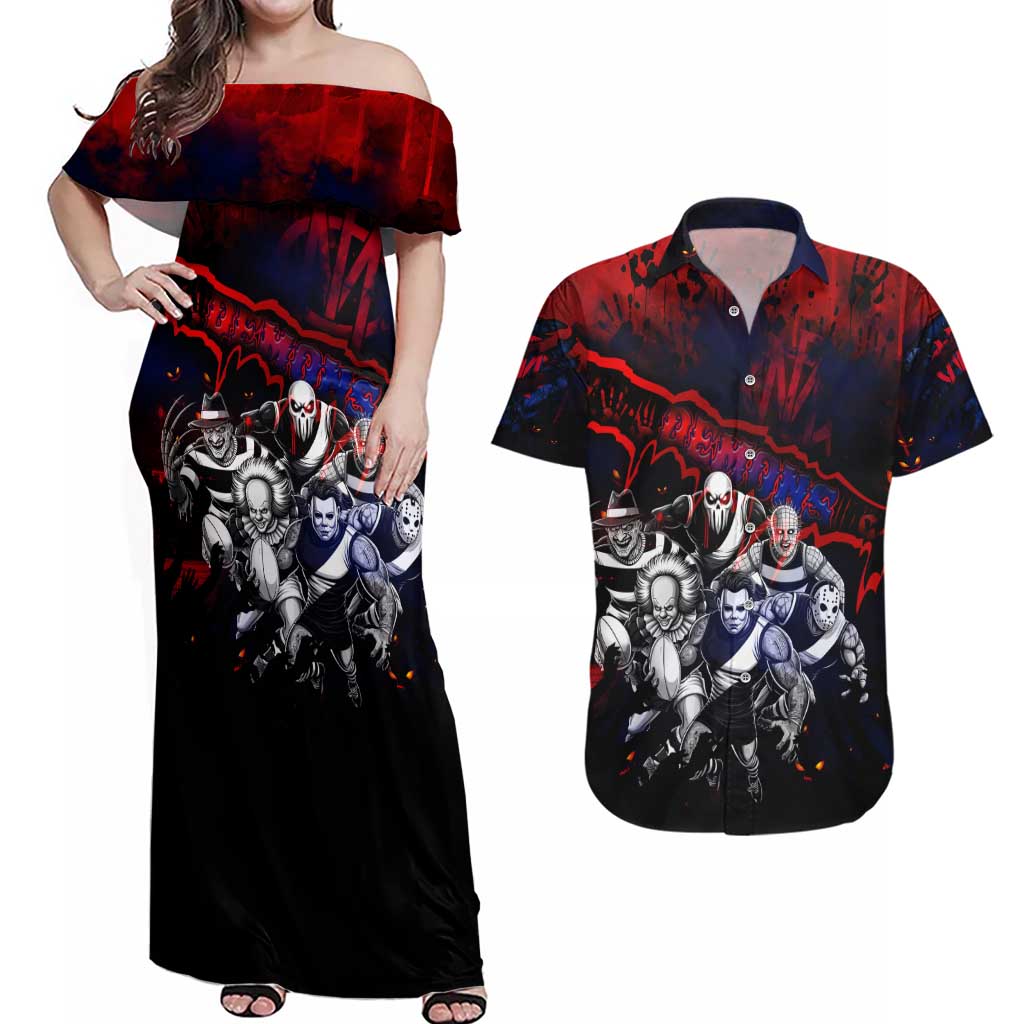 Step Into Horror Domain Demons Football Couples Matching Off Shoulder Maxi Dress and Hawaiian Shirt Halloween Horror Movie Characters - Aussie Hoodie