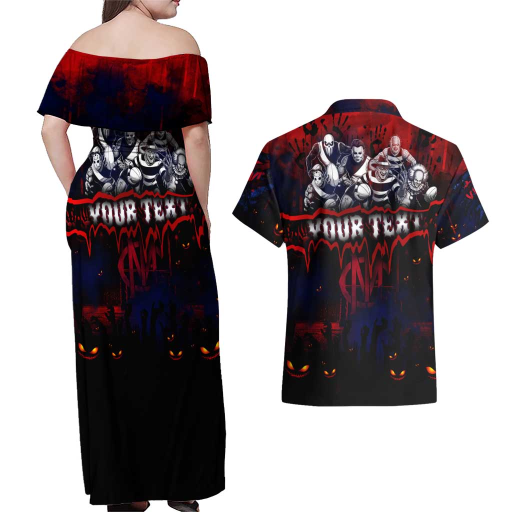 Step Into Horror Domain Demons Football Couples Matching Off Shoulder Maxi Dress and Hawaiian Shirt Halloween Horror Movie Characters - Aussie Hoodie