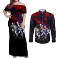 Step Into Horror Domain Demons Football Couples Matching Off Shoulder Maxi Dress and Long Sleeve Button Shirt Halloween Horror Movie Characters - Aussie Hoodie
