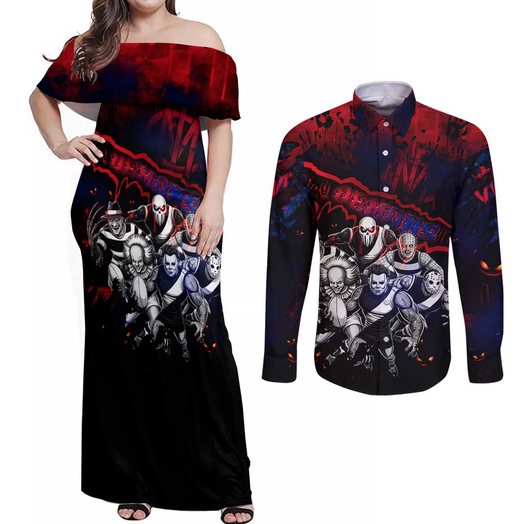 Step Into Horror Domain Demons Football Couples Matching Off Shoulder Maxi Dress and Long Sleeve Button Shirt Halloween Horror Movie Characters - Aussie Hoodie