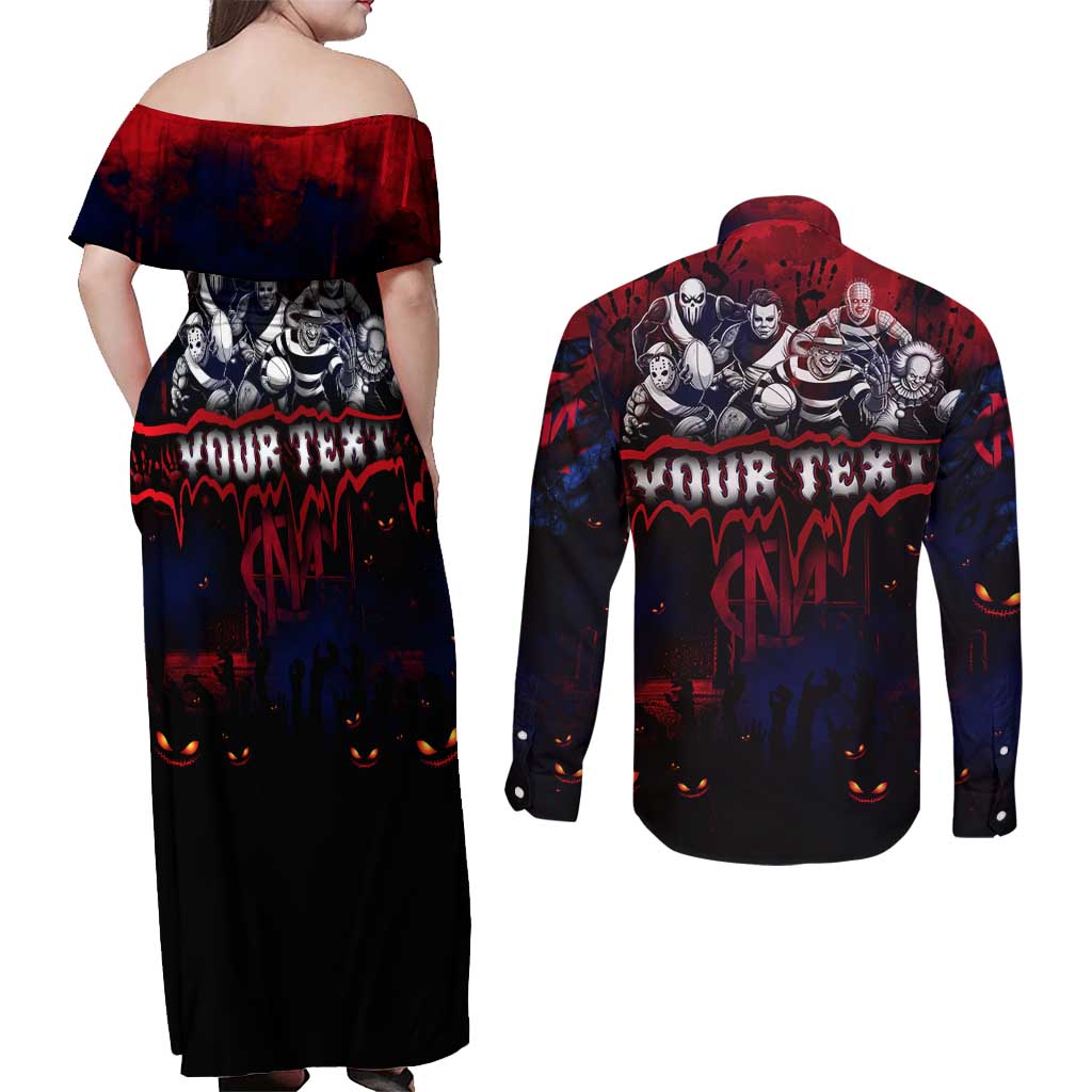 Step Into Horror Domain Demons Football Couples Matching Off Shoulder Maxi Dress and Long Sleeve Button Shirt Halloween Horror Movie Characters - Aussie Hoodie