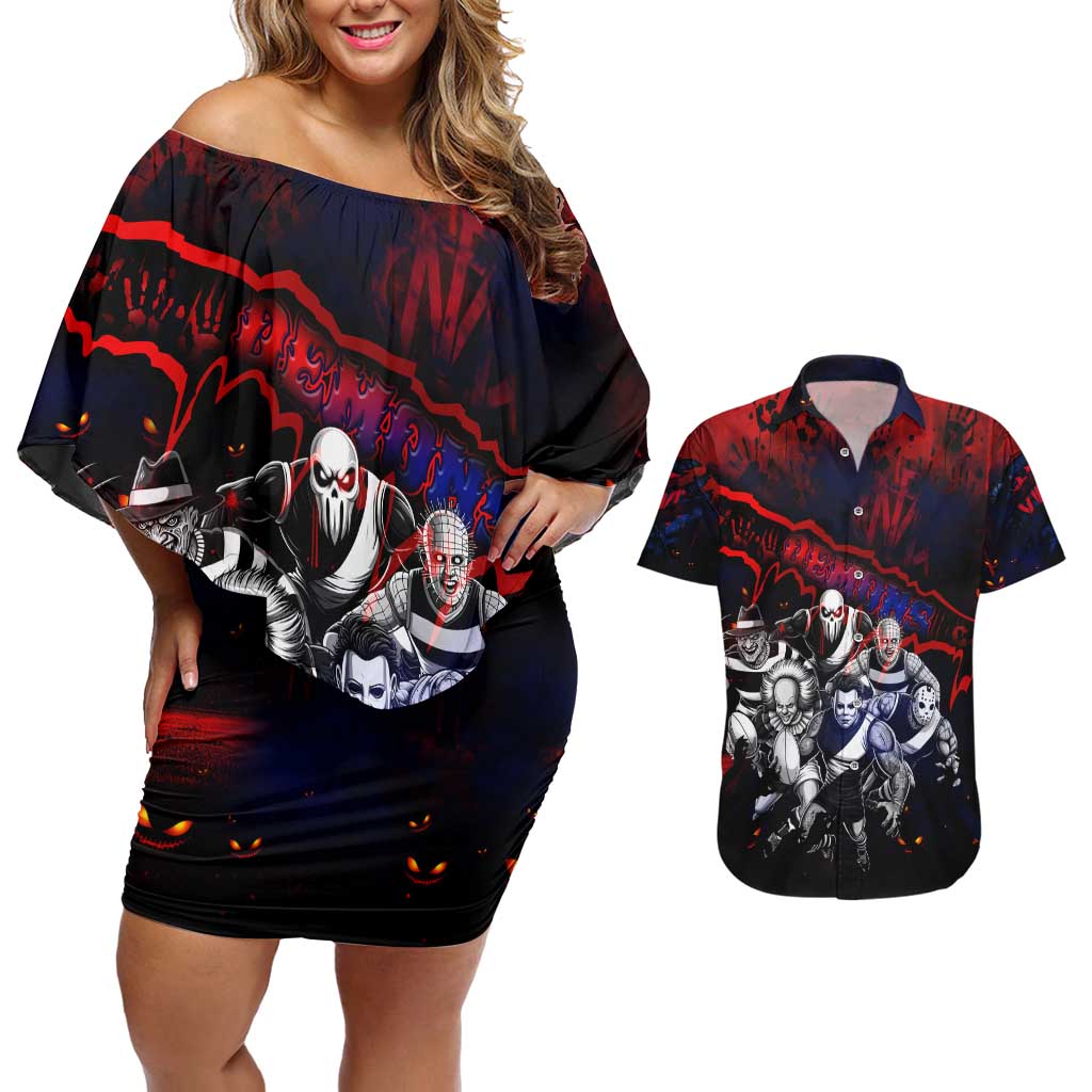 Step Into Horror Domain Demons Football Couples Matching Off Shoulder Short Dress and Hawaiian Shirt Halloween Horror Movie Characters - Aussie Hoodie