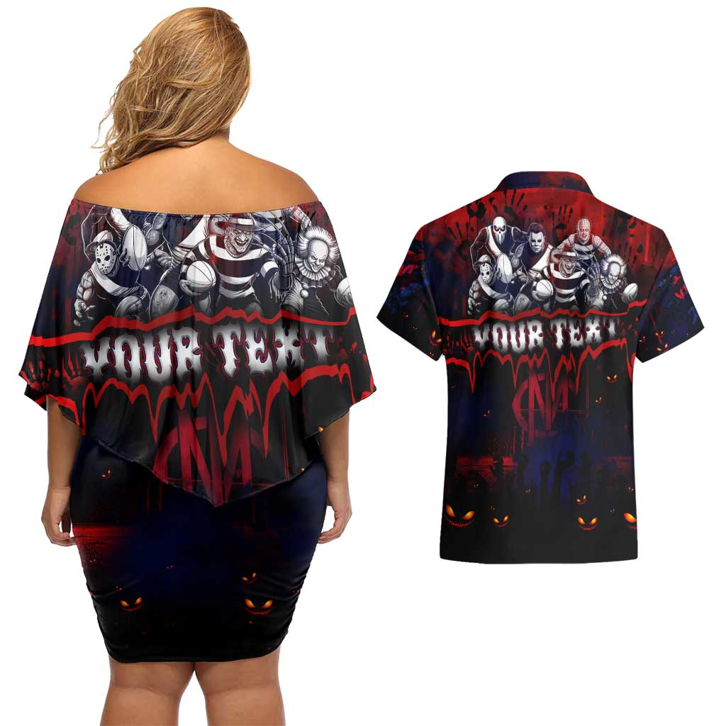 Step Into Horror Domain Demons Football Couples Matching Off Shoulder Short Dress and Hawaiian Shirt Halloween Horror Movie Characters - Aussie Hoodie