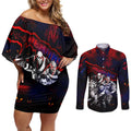 Step Into Horror Domain Demons Football Couples Matching Off Shoulder Short Dress and Long Sleeve Button Shirt Halloween Horror Movie Characters - Aussie Hoodie