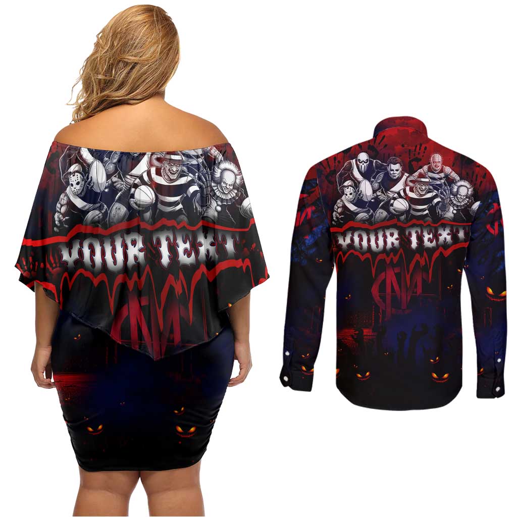 Step Into Horror Domain Demons Football Couples Matching Off Shoulder Short Dress and Long Sleeve Button Shirt Halloween Horror Movie Characters - Aussie Hoodie
