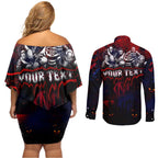Step Into Horror Domain Demons Football Couples Matching Off Shoulder Short Dress and Long Sleeve Button Shirt Halloween Horror Movie Characters - Aussie Hoodie
