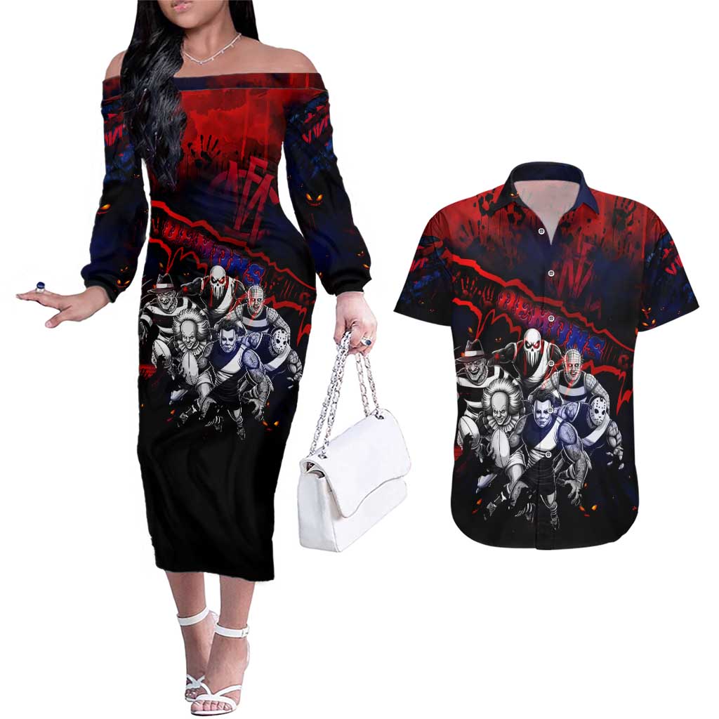 Step Into Horror Domain Demons Football Couples Matching Off The Shoulder Long Sleeve Dress and Hawaiian Shirt Halloween Horror Movie Characters - Aussie Hoodie
