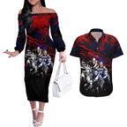 Step Into Horror Domain Demons Football Couples Matching Off The Shoulder Long Sleeve Dress and Hawaiian Shirt Halloween Horror Movie Characters - Aussie Hoodie