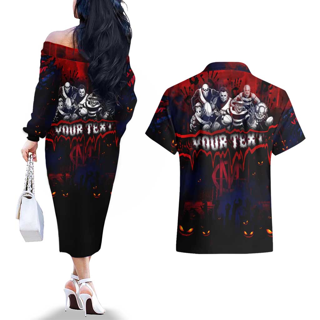 Step Into Horror Domain Demons Football Couples Matching Off The Shoulder Long Sleeve Dress and Hawaiian Shirt Halloween Horror Movie Characters - Aussie Hoodie