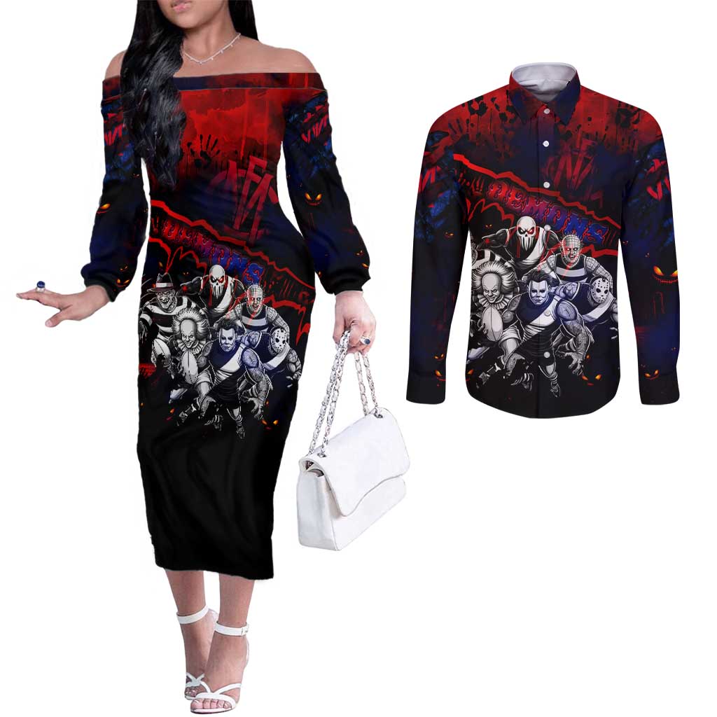 Step Into Horror Domain Demons Football Couples Matching Off The Shoulder Long Sleeve Dress and Long Sleeve Button Shirt Halloween Horror Movie Characters - Aussie Hoodie