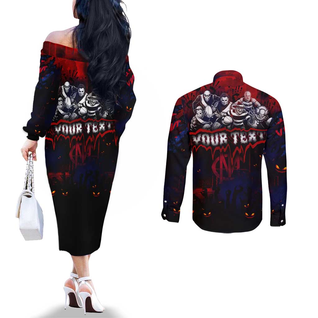 Step Into Horror Domain Demons Football Couples Matching Off The Shoulder Long Sleeve Dress and Long Sleeve Button Shirt Halloween Horror Movie Characters - Aussie Hoodie