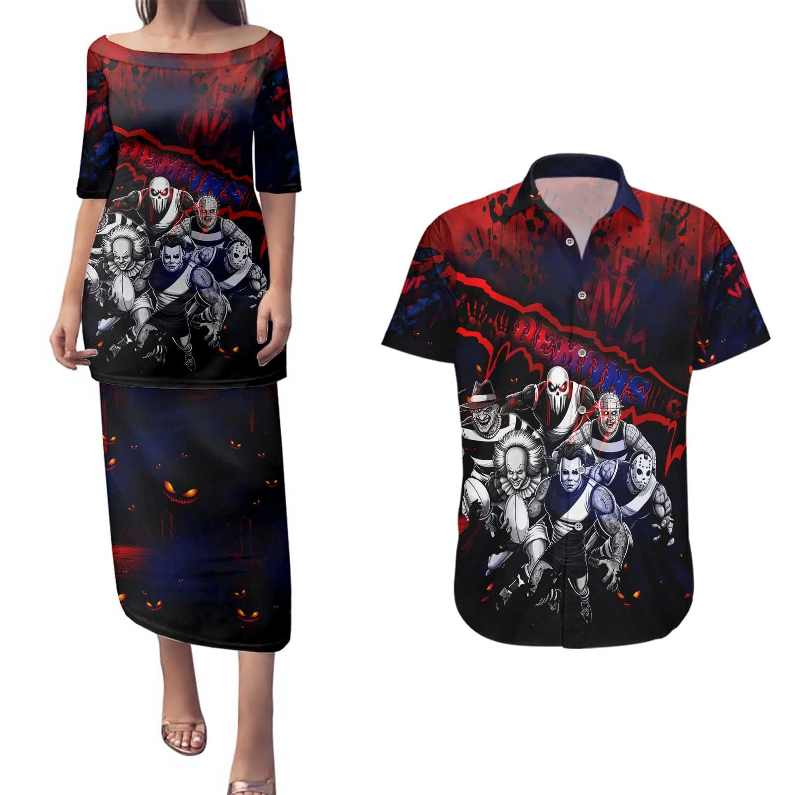 Step Into Horror Domain Demons Football Couples Matching Puletasi and Hawaiian Shirt Halloween Horror Movie Characters - Aussie Hoodie