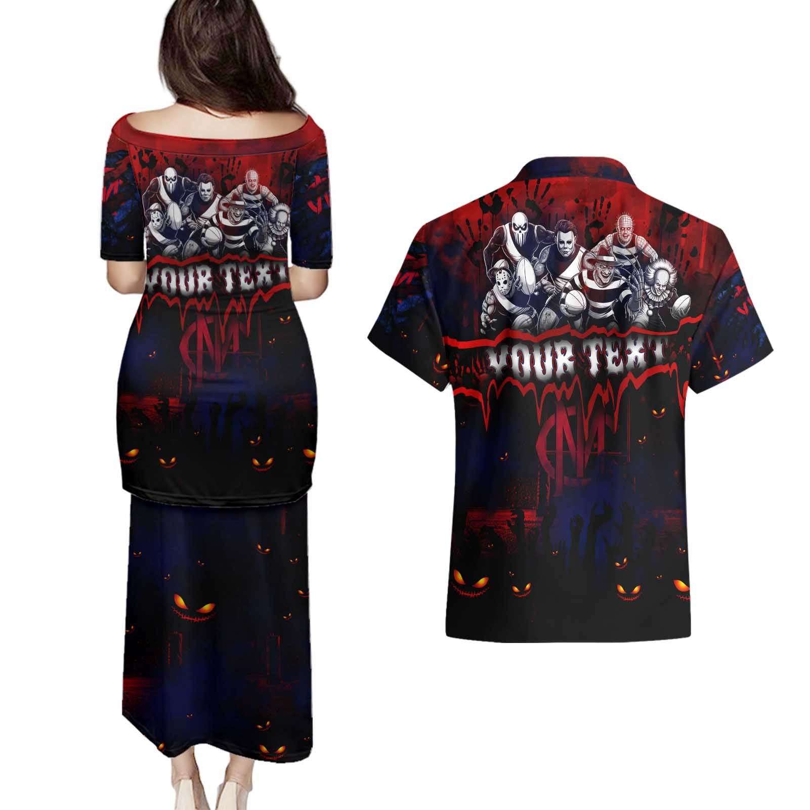 Step Into Horror Domain Demons Football Couples Matching Puletasi and Hawaiian Shirt Halloween Horror Movie Characters - Aussie Hoodie
