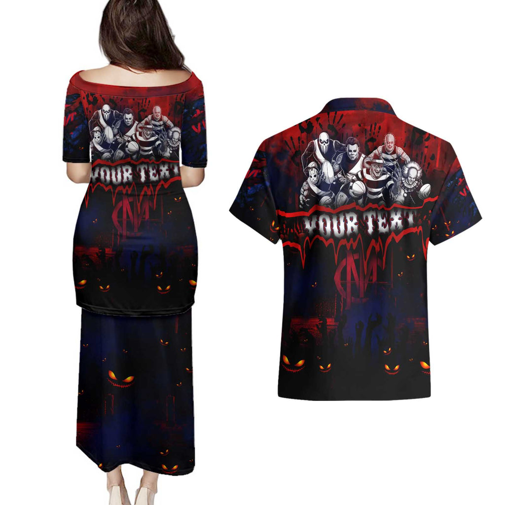 Step Into Horror Domain Demons Football Couples Matching Puletasi and Hawaiian Shirt Halloween Horror Movie Characters - Aussie Hoodie