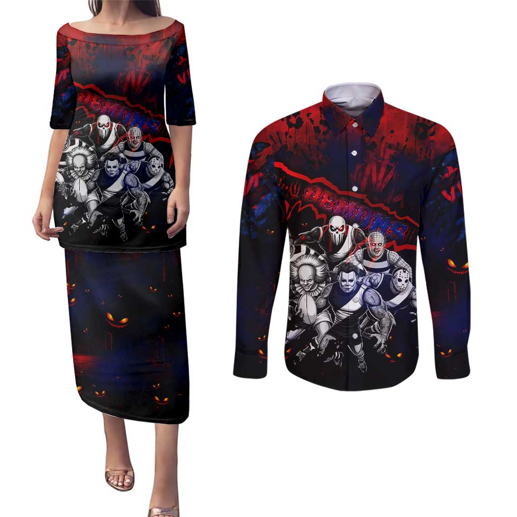 Step Into Horror Domain Demons Football Couples Matching Puletasi and Long Sleeve Button Shirt Halloween Horror Movie Characters - Aussie Hoodie