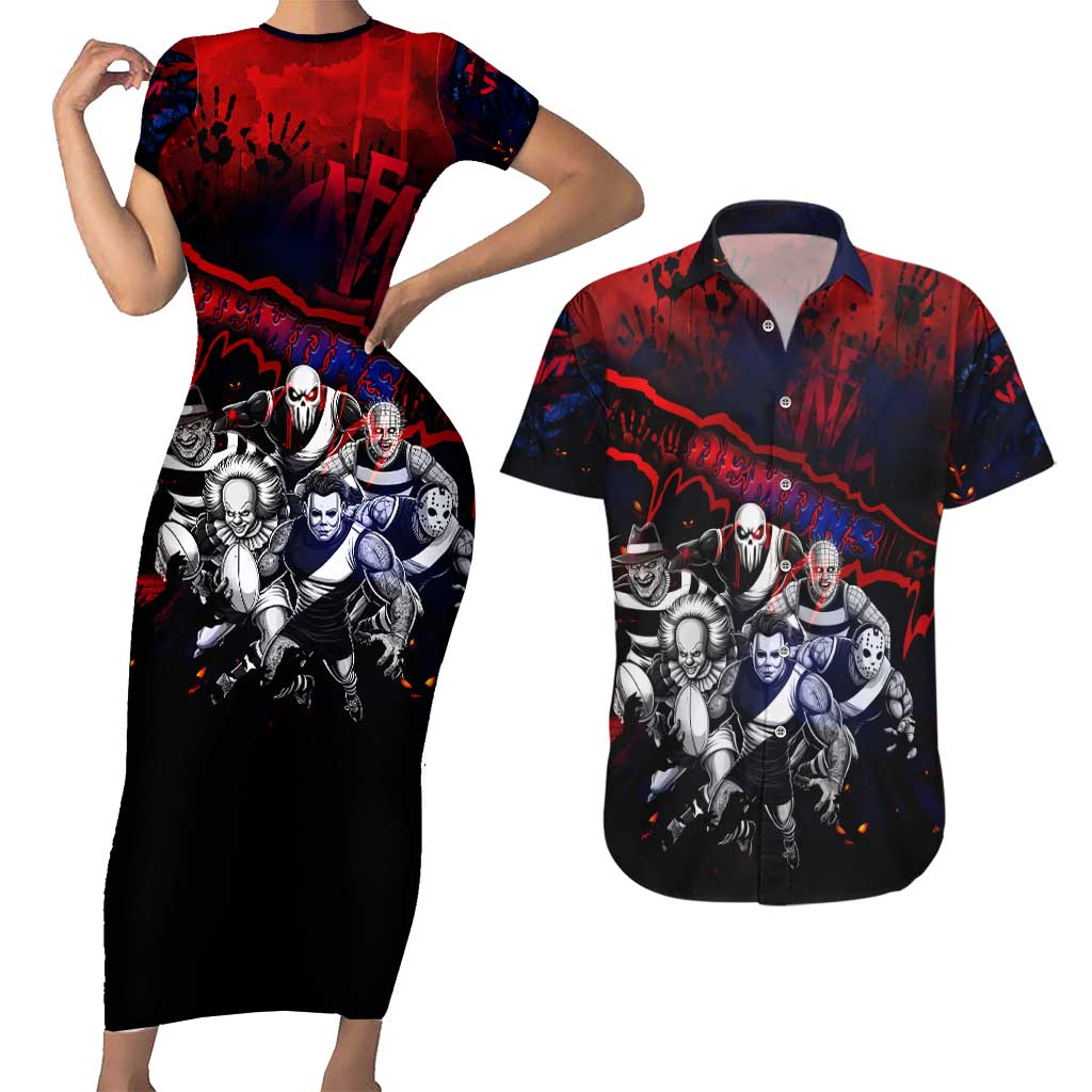Step Into Horror Domain Demons Football Couples Matching Short Sleeve Bodycon Dress and Hawaiian Shirt Halloween Horror Movie Characters - Aussie Hoodie