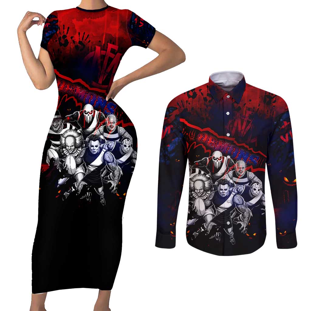 Step Into Horror Domain Demons Football Couples Matching Short Sleeve Bodycon Dress and Long Sleeve Button Shirt Halloween Horror Movie Characters - Aussie Hoodie