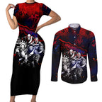Step Into Horror Domain Demons Football Couples Matching Short Sleeve Bodycon Dress and Long Sleeve Button Shirt Halloween Horror Movie Characters - Aussie Hoodie