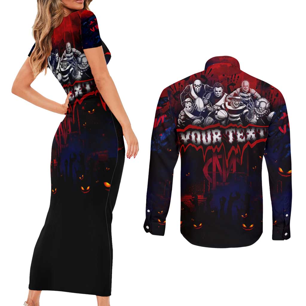 Step Into Horror Domain Demons Football Couples Matching Short Sleeve Bodycon Dress and Long Sleeve Button Shirt Halloween Horror Movie Characters - Aussie Hoodie