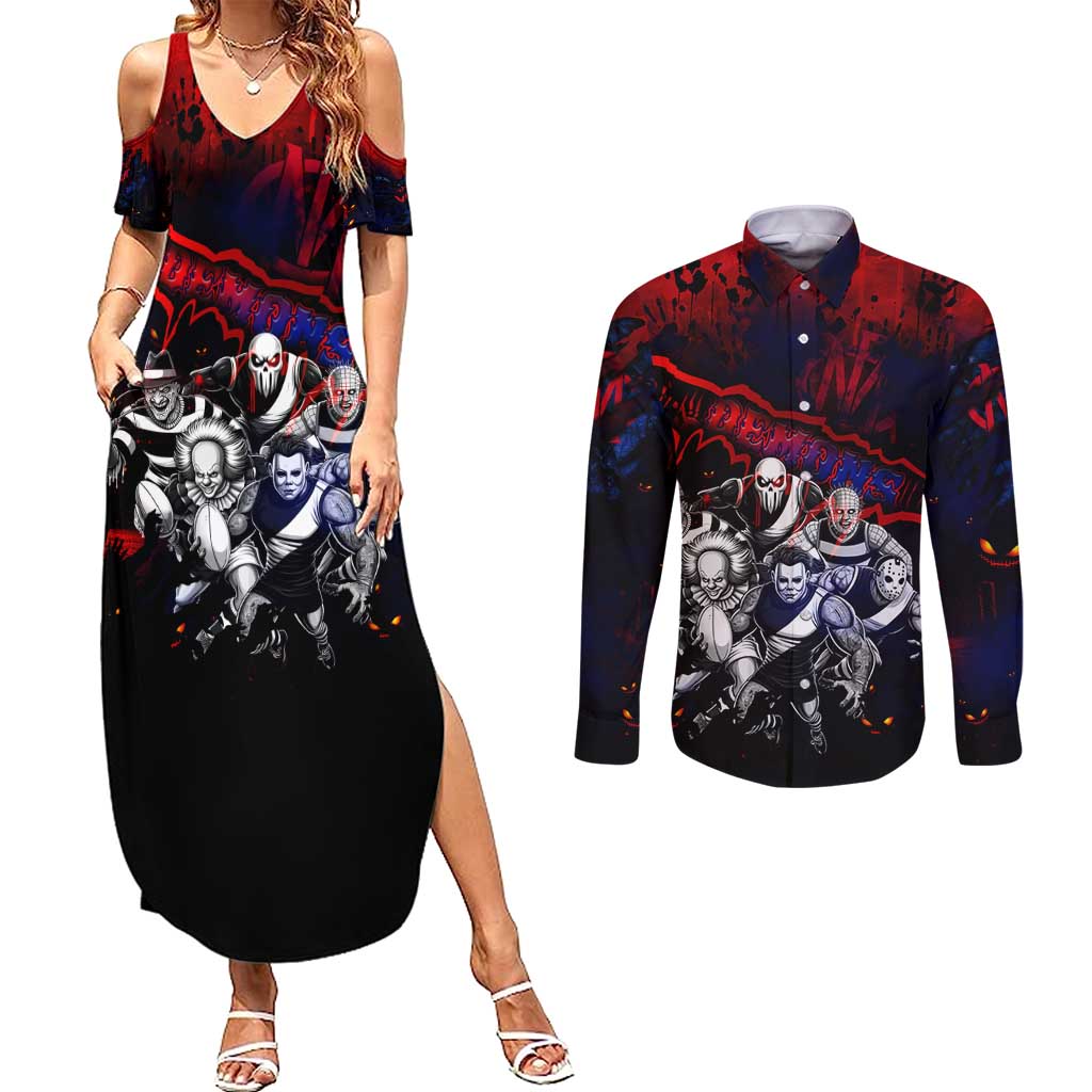 Step Into Horror Domain Demons Football Couples Matching Summer Maxi Dress and Long Sleeve Button Shirt Halloween Horror Movie Characters - Aussie Hoodie